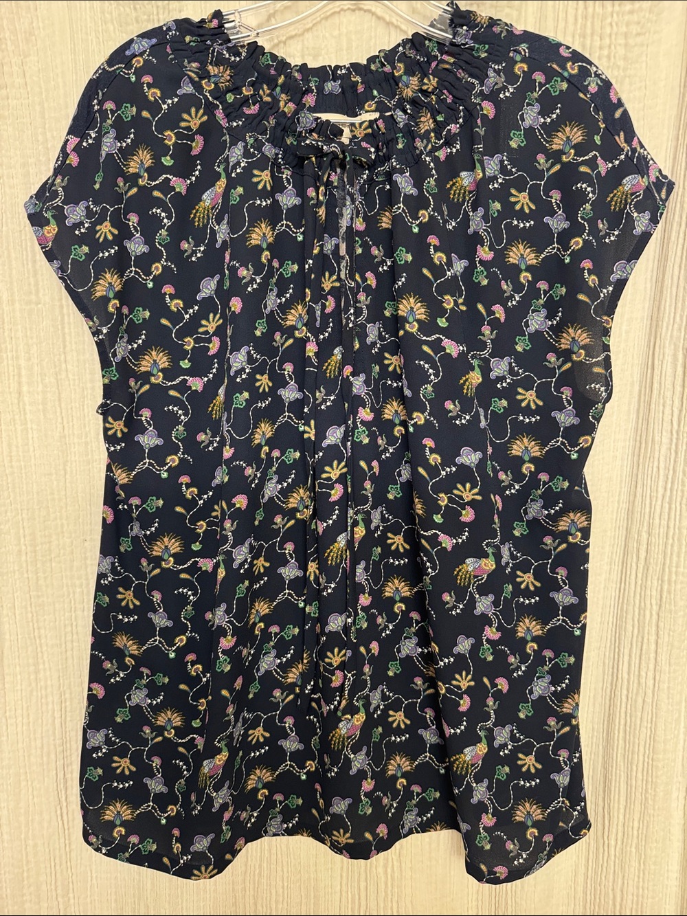 LOFT Navy Floral with Peacocks, Tie-Neck Blouse